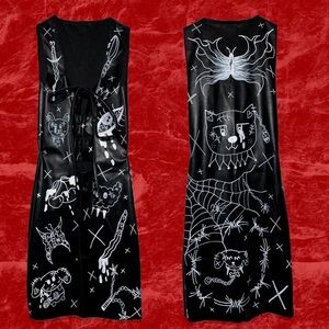 Black Graphic Gothic faux leather dress with White Illustrations